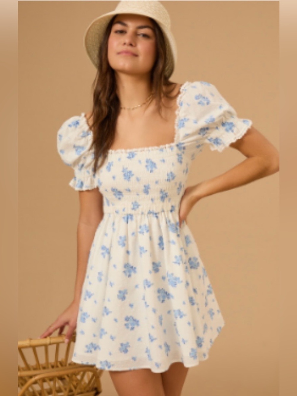 Altar'd State White Mini Dress with Blue Floral Print